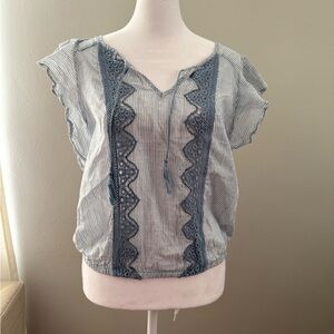 Cape Juby Blue Striped Blouse with Lace Detail